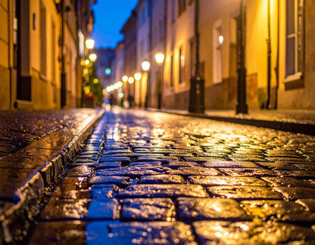 A wet cobblestone alleyway glows with streetlights at twilight, reflecting on the damp stones.の素材