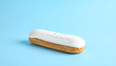 A vanilla glazed eclair pastry adorned with small white sprinkles on a light blue background.の素材