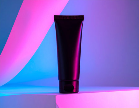 A black cosmetic tube is placed on a geometric platform under pink and blue neon lights.の素材