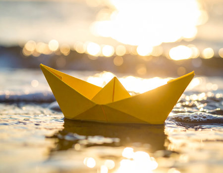 A yellow paper boat floats on the ocean surface with gentle waves and sunset light.の素材
