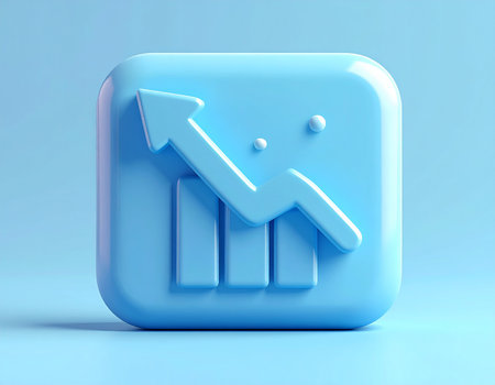 A blue 3D icon with a bar chart, upward trending line graph, and dots on a light blue background.の素材