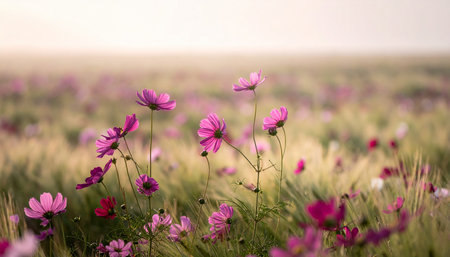 Close-up view of pink cosmos flowers in a misty field with a soft, blurred background.の素材