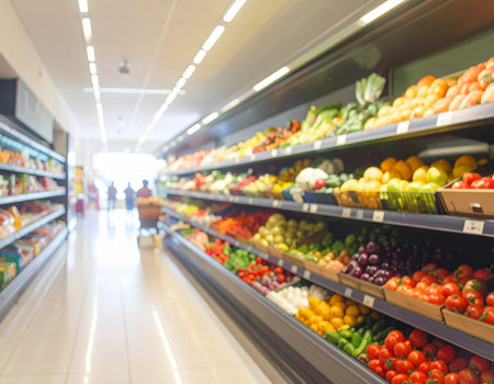 Image showing blurred supermarket aisle with shelves full of fresh fruits and vegetables. High resolution...の素材