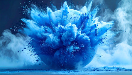 A blue powder explosion erupts around a spherical object with smoke and fine particles.の素材
