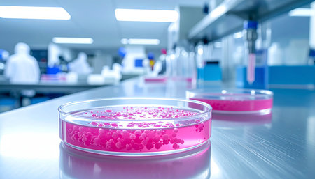 Pink bacterial colonies are visible in a petri dish on a metal surface in a laboratory.の素材