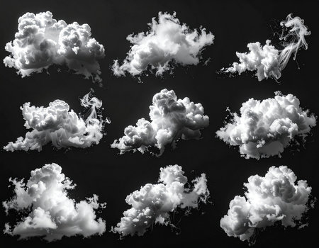Clouds showing collage of nine realistic 3d rendered white clouds and smoke wisps on a dark background. High...の素材