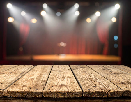 Close-up of weathered wooden planks in the foreground with a blurred theater stage.の素材