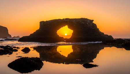 A rock arch on the coast at sunrise with the sun visible through the opening and reflections.の素材