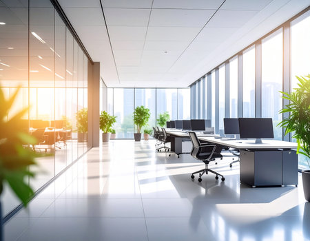 Contemporary office space with panoramic windows, desks, computers, chairs, and a city view.の素材