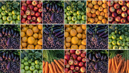 Variety showing collage of various fresh fruits and vegetables in grid format keywords: fruits, vegetables,...の素材