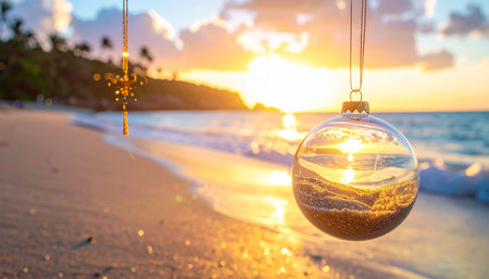 Coast showing clear christmas ornament reflecting sunset beach scene with palm trees and cross keywords:...の素材