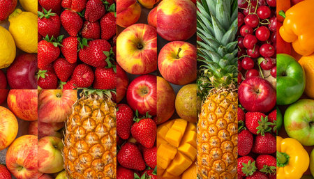A vibrant vertical collage displaying a wide assortment of fresh and ripe fruits.の素材