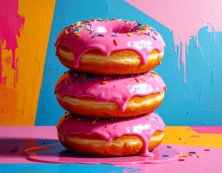 Three pink frosted donuts with sprinkles stacked against a vibrant, abstract painted background.の素材