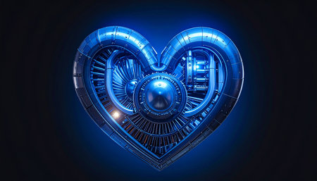 An intricate mechanical heart constructed from detailed blue metal components against a dark background.の素材