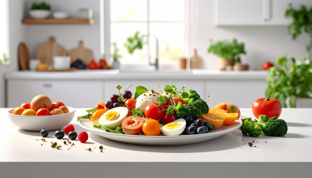 A white plate overflowing with fruits, vegetables, and boiled eggs set on a kitchen counter.の素材