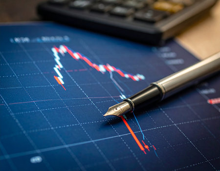 A fountain pen sits on a blue grid financial chart with a calculator behind it. Clear details and vibrant col...の素材
