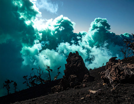 Dark volcanic terrain with skeletal trees and vibrant turquoise clouds against a blue sky.の素材