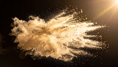 A dynamic explosion of golden powder and dust particles against a dark background.の素材