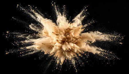 A vibrant burst of golden powder and smoke scattering outwards on black. Clear details and vibrant colors enh...の素材