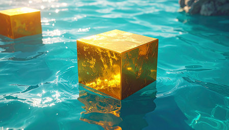A shiny golden cube floats on rippling blue water with sunlight reflecting off its surface.の素材