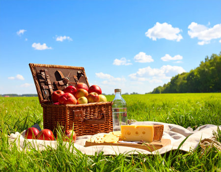 An open wicker picnic basket with apples, cheese, and bread sits on a blanket in a sunlit grassy field.の素材