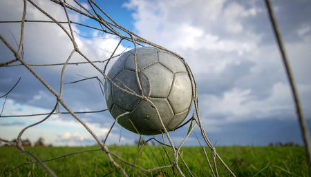 A close-up of an old soccer ball caught in a worn net with a cloudy sky. Clear details and vibrant colors enh...の素材