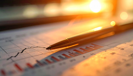 A pen lies on a financial chart illuminated by warm sunset light and bokeh. Clear details and vibrant colors ...の素材