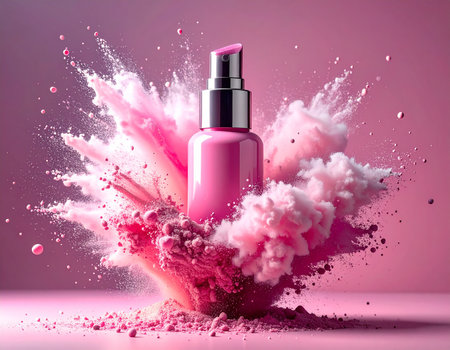 Pink cosmetic spray bottle in a dynamic explosion of pink powder and particles. Clear details and vibrant col...の素材