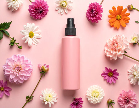 Keywords: showing pink spray bottle surrounded by assorted colorful flowers on a pink background keywords:...の素材