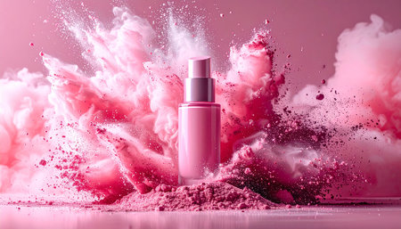 A pink serum bottle is surrounded by a vibrant explosion of pink powder and swirling clouds.の素材