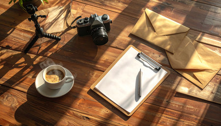 Overhead view of a vintage camera, coffee cup with steam, clipboard, pen, and envelopes on a wooden desk.の素材
