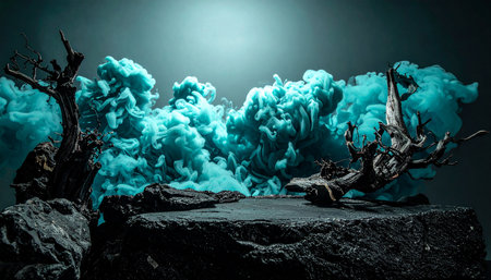 Teal colored smoke billows dramatically behind dark, jagged rocks and skeletal dead trees.の素材