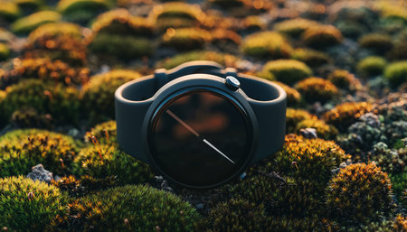 A round smartwatch with a dark face rests on a mossy forest floor with dappled sunlight.の素材