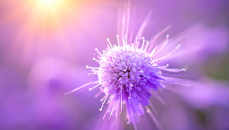 A soft focus macro shot of a purple flower with sun rays and a blurred bokeh background.の素材