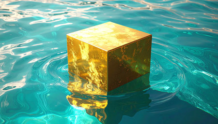 A textured gold cube floats on a rippling turquoise water surface, casting reflections.の素材