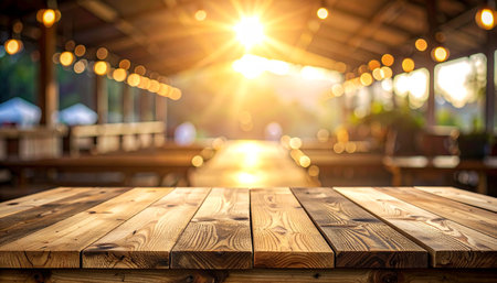A rustic wooden table in a covered outdoor area with sunbeams and blurred string lights.の素材