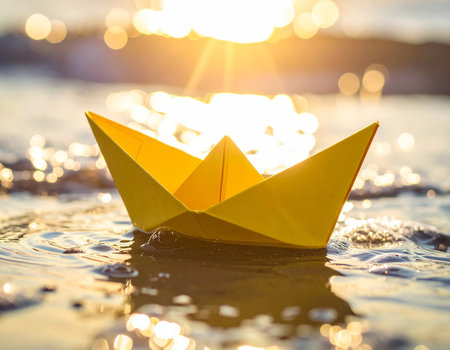 A yellow paper boat bobs on ocean waves at sunset with sunbeams and golden bokeh.の素材