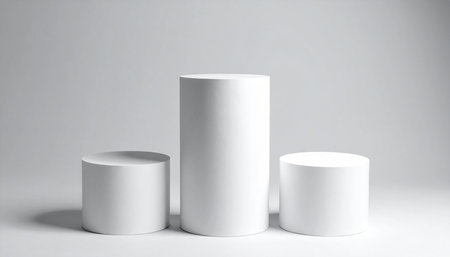 Three white cylindrical pedestals of varying heights are displayed on a white surface with soft lighting.の素材