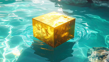 A textured gold cube floats on rippling turquoise water, with rocks and reflections visible.の素材