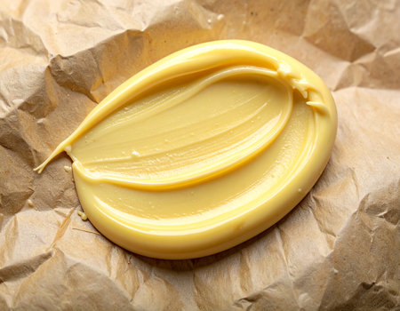 A close-up of a yellow creamy swirl on crumpled brown paper. Clear details and vibrant colors enhance visual ...の素材