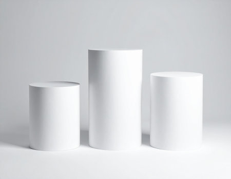 Three white cylindrical pedestals of different heights arranged on a white surface.の素材