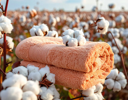 Two stacked peach towels are nestled among white cotton bolls in a field. Clear details and vibrant colors en...の素材