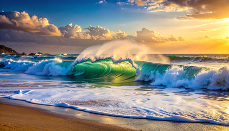 Turquoise ocean waves break on a sandy shore with a dramatic sunset sky overhead.の素材
