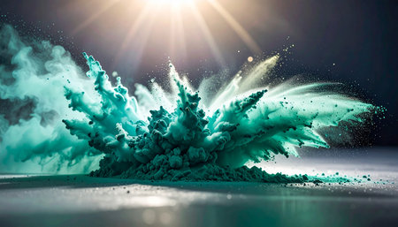 Teal powder explodes on a reflective surface, illuminated by dramatic sunlight rays.の素材