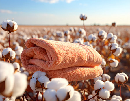 Two rolled peach towels are positioned in a cotton field with a soft focus background.の素材