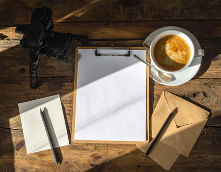 Top down view of coffee cup clipboard envelopes and camera on a rustic wooden deskの素材
