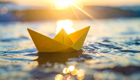 A yellow paper boat floats on gentle ocean waves at sunset with a bright sun flare.の素材