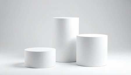 Three white cylindrical pedestals of varying heights are arranged on a white surface.の素材