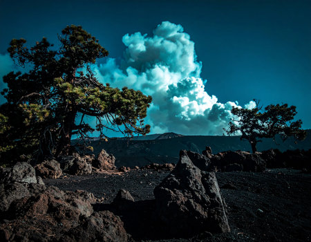 A volcanic landscape with dark rocks, sparse trees, and a large turquoise cloud formation in the sky.の素材