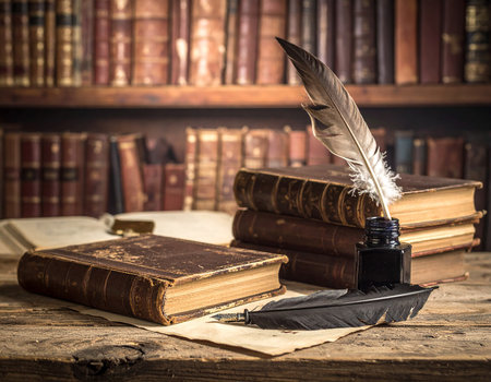 Stack of old books with quill pen and inkwell beside an open book Clear details and vibrant colors enhance vi...の素材
